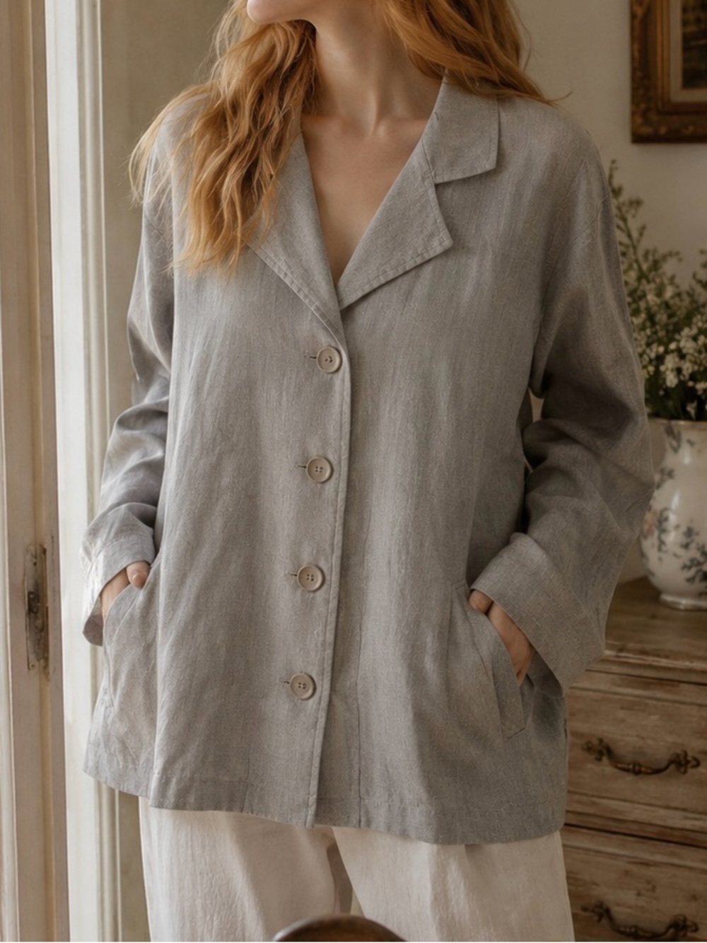 FLAX 3X Beige Linen Jacket Blazer Oversized Lagenlook Button Front